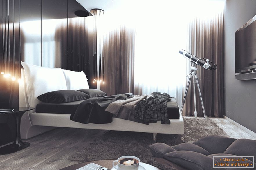 Hálószoba fekete-fehérben egy lakásban egy sikeres agglegény Oroszországban