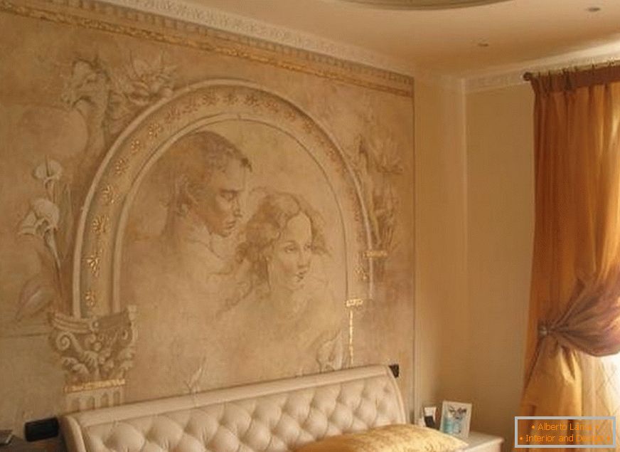 Díszítő falak dekoratív vakolattal - fotó a hálószobában