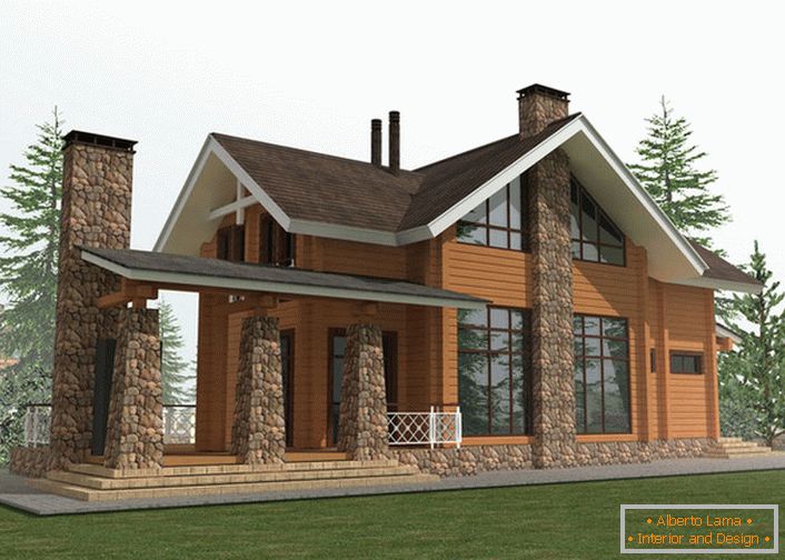 A faház stílusában épített vidéki ház tervezési projektje a fakeret és a természetes kő építésén alapul.