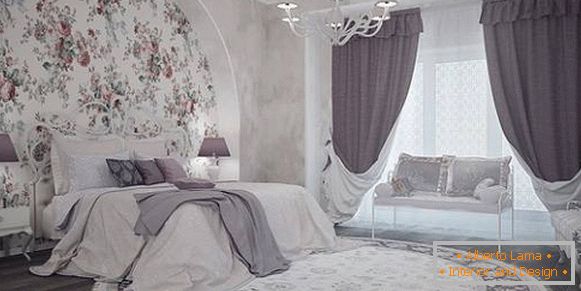 Modern lila függönyök a hálószobában - fotó a belső térben