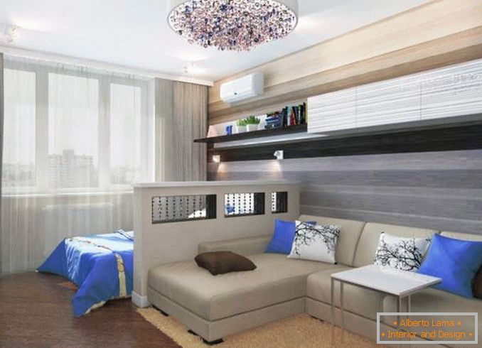 A kétszobás, gyermekszobás apartman kialakítása - a nappali egy hálószobájának képe