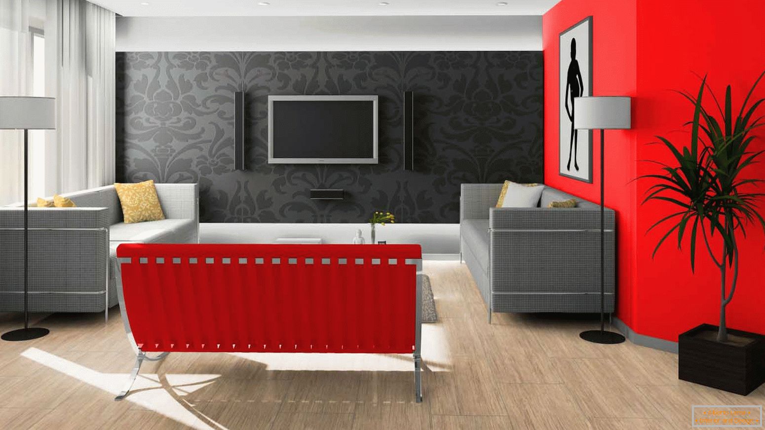Fekete és piros a nappali tervezésében