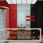 Fürdőszoba belső tér vörös, fekete és szürke színben