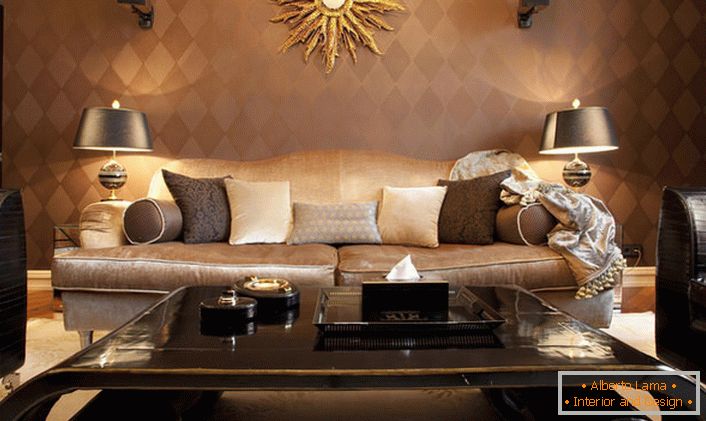 Luxus nappali art deco stílusban, megfelelően megválasztott világítással. Az elegáns bútorok díszes díszítéssel díszítik a napot. 