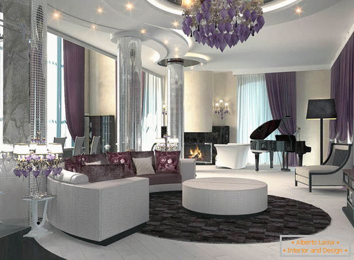 A többlépcsős mennyezet a dot világítással egészíti ki a teljes Art Deco stílusú kompozíciót, amelyben a nappali készült. 