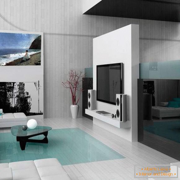 Egy kis nappali lakásban egy high-tech stílusban - belső fotó
