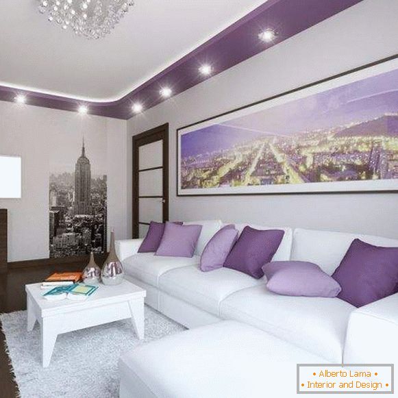 Modern kialakítása a csarnok a lakásban в белом и фиолетовом цвете