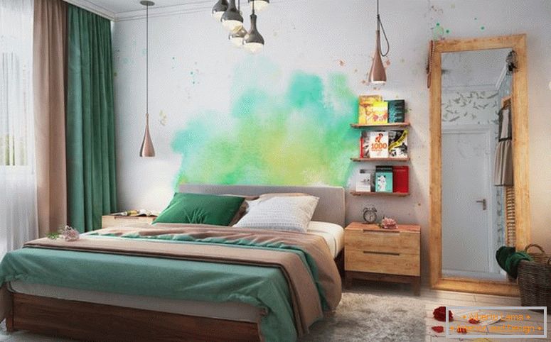 hálószoba-zöld-akvarell-fal-art-könyvespolcok-nagy tükör