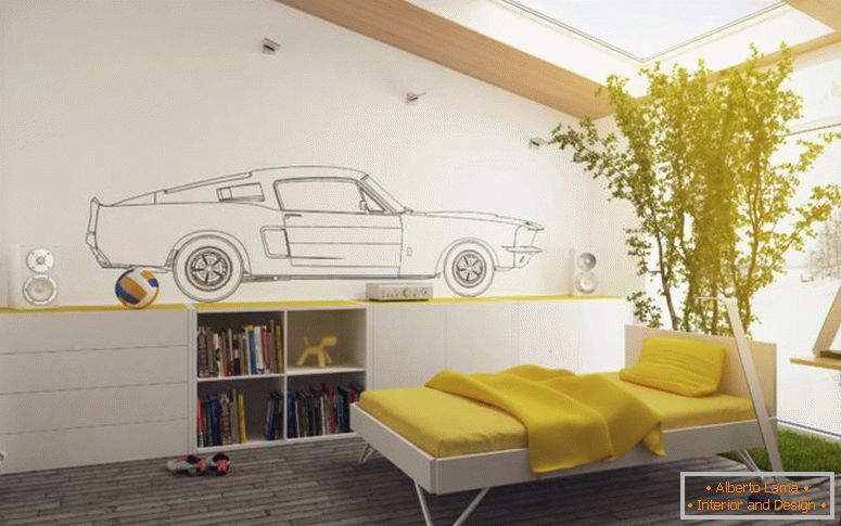 vonzónak-sárga-fehér-gyerekek-háló-dekor-with-big-cool-növények-dekoráció-twin-szoba-és fa-szekrény-könyvespolc-on-barna keményfa padló plusz nagy Clear- üveg napfénytető-as-is-a-office-design-la