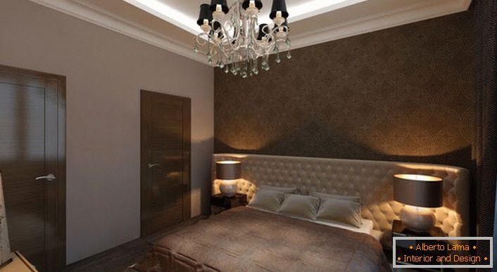 Hálószoba az Art Deco stílusban, a megfelelő világítással. A csillogó fény a szobában a magánélet és a romantika légkört teremt.