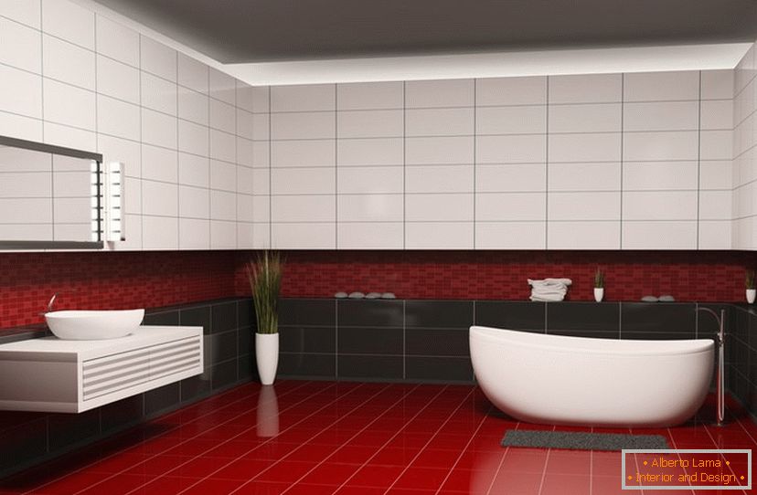 Piros, fekete-fehér csempe a fürdőszobában