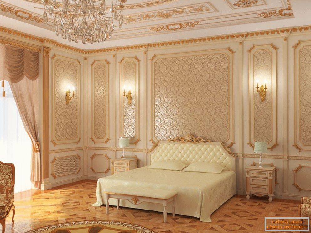 Fehér mennyezet és hálószoba falak arany mintával