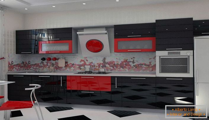 A gazdag piros és kontrasztfesték kombinációja ideális a szecessziós stílusú konyha díszítésére.