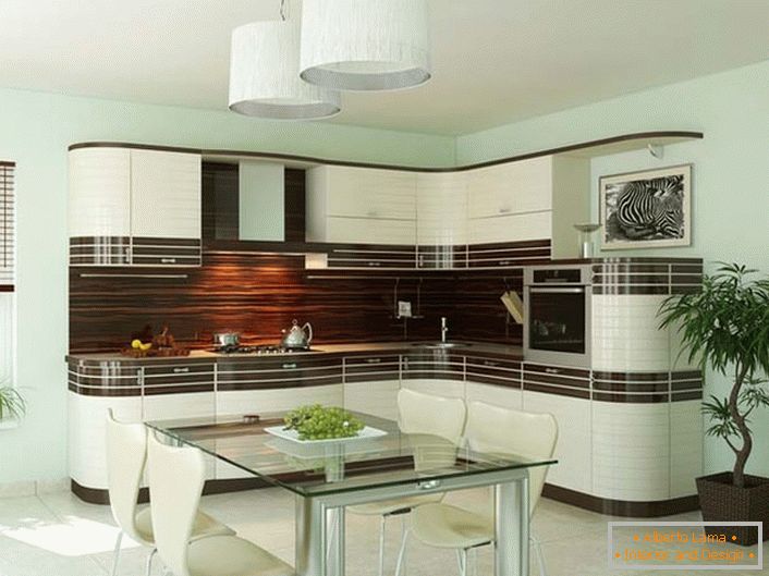 A szecessziós stílusú konyhák L-alakúak, ideális kis konyhákhoz. A belső tér finom megjelenése előnyösen kombinálható a funkcionalitással.