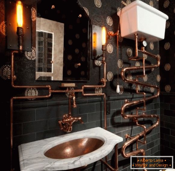 Steampunk stílusú, viktoriánus falpapírral felszerelt fürdőszoba