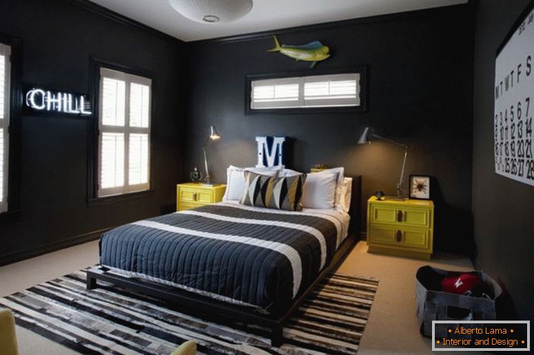 sötét szoba-ötletek-teenege-dísz-sárga-minimalista szekrény-édes-design-tágas-fa-desk-tudós-the-mez-állvány TV-fekete-book-polcok-esernyő-világítás-és fehér- kiáll-be