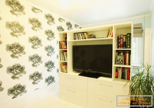 Könyvpolc TV-niche-vel a nappaliban