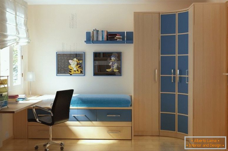 Jó-kiemelő-modern kis hálószoba-fali színek-felvázoló-single-bed-ami-a-storage-fiókok kapcsolódik-with-sarok ívelt, fa-szekrény