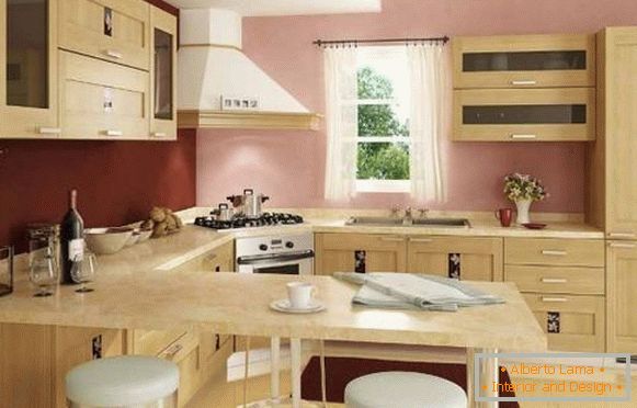 A sarki konyha belseje egy bárpulttal - egy fotó bézs és rózsaszín hangzással