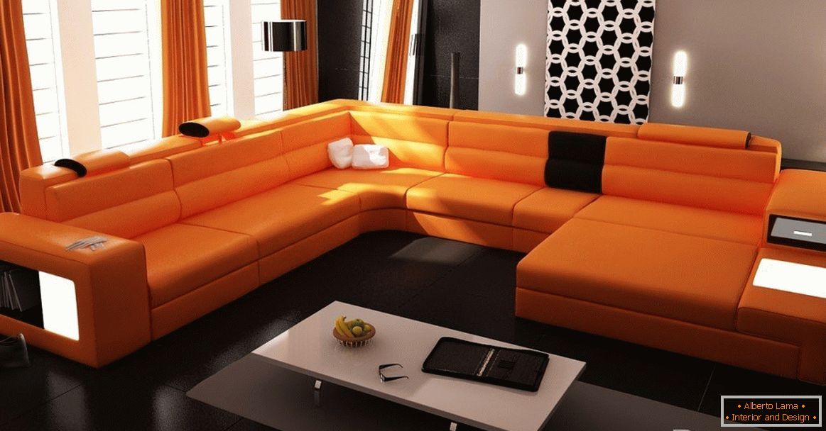 Narancsszínű kanapé a szigorú nappaliban
