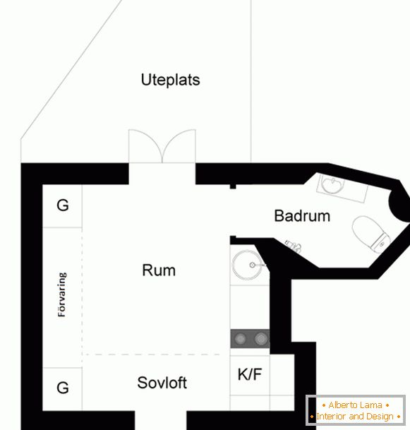 Egy kis stúdió lakás elrendezése Svédországban