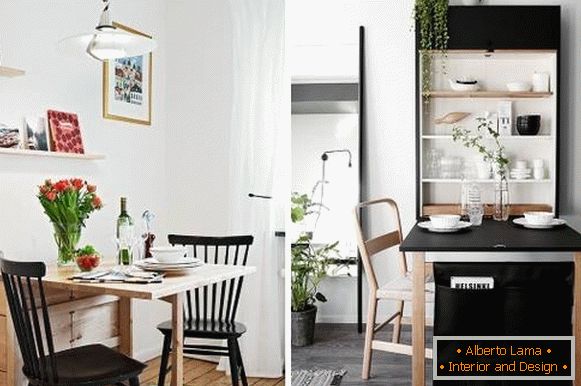 Összecsukható bútorok étkező részére egy kis konyhában