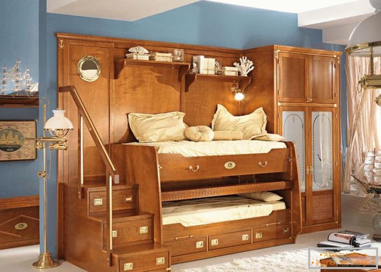 félelmetes-gyerekek-boy-hálószoba bútor-design-mutató egyedi barna tölgy-emeletes ágy-with-kombinált magas-szekrény-és valami fiókos plusz rozsdamentes acél kapaszkodó-lépcsők