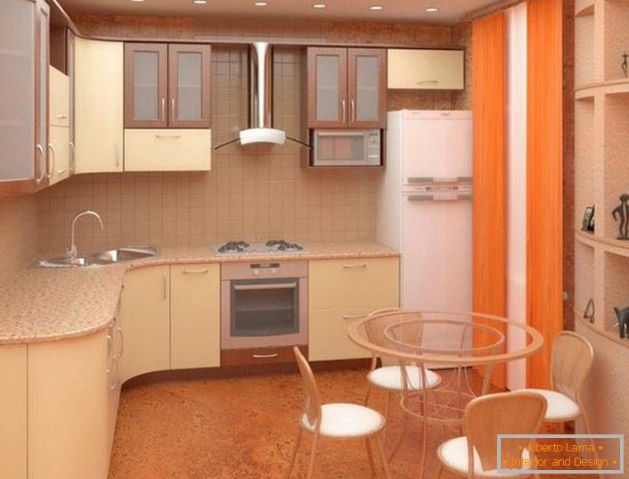 Ergonomikus bútorok elhelyezése a konyhában 11 nm M. m. Minden mérsékelten elegendő, a fejhallgató méretei arányosak a szoba méretével.