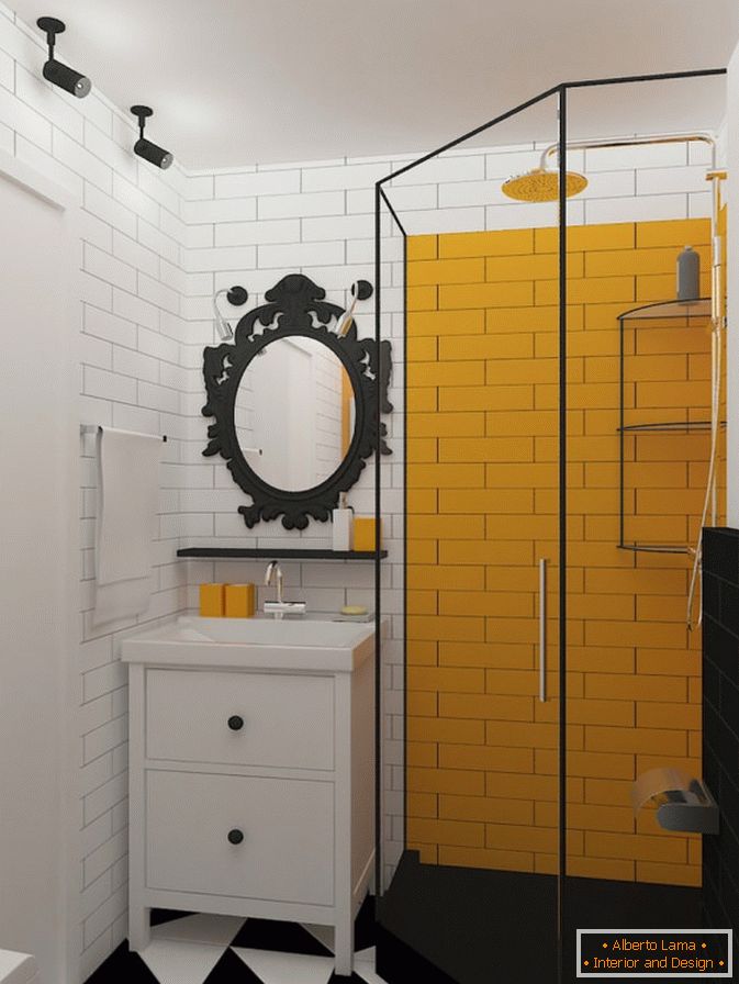 Sárga akcentus fekete-fehér fürdőszobában