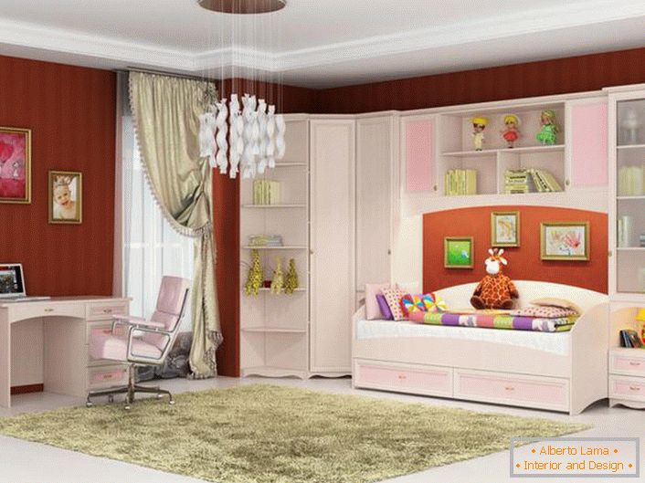 Egy elegáns szoba egy fiatal fashionista számára. A gyermekek moduláris bútorai rózsaszín és fehér színben készülnek - amire szüksége van egy lány számára.