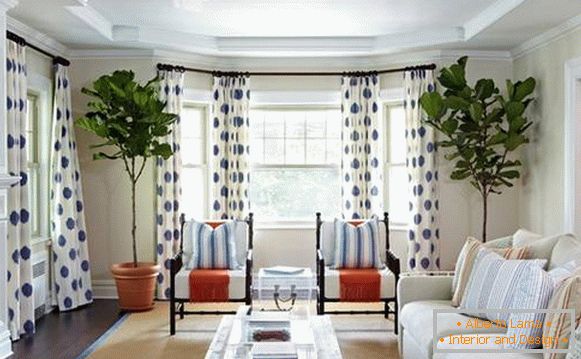 Fehér függönyök kék mintával a nappaliban