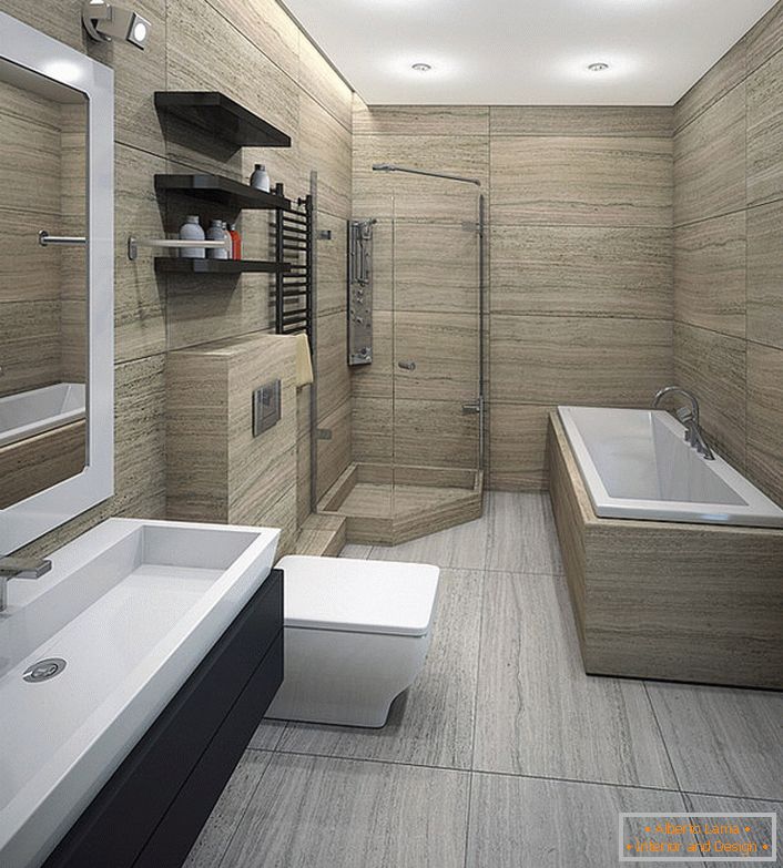 A tágas, minimalista fürdőszoba a zuhanyozók kedvelőinek és a fürdőzést kedvelőknek is alkalmas.