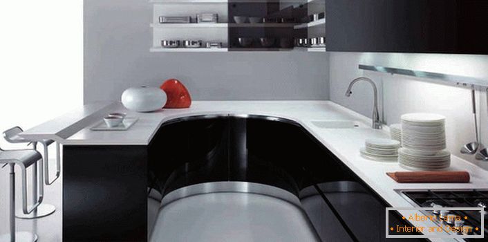 Kényelmes funkcionalitású konyhája high-tech stílusban. Keresse meg a bárpult tervezőjét a munkaterület folytatásaként.