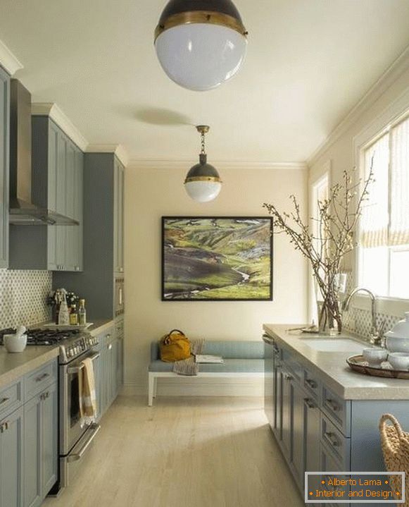 Szürke kék konyha a belső fotóban