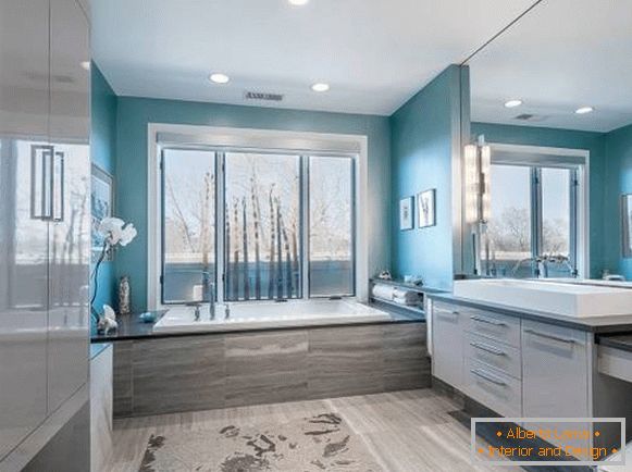 Fürdőszoba belső kék és szürke színben fotó