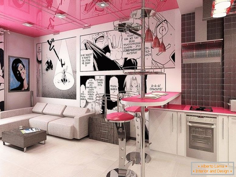 Rózsaszín mennyezet a belső térben a pop art stílusában