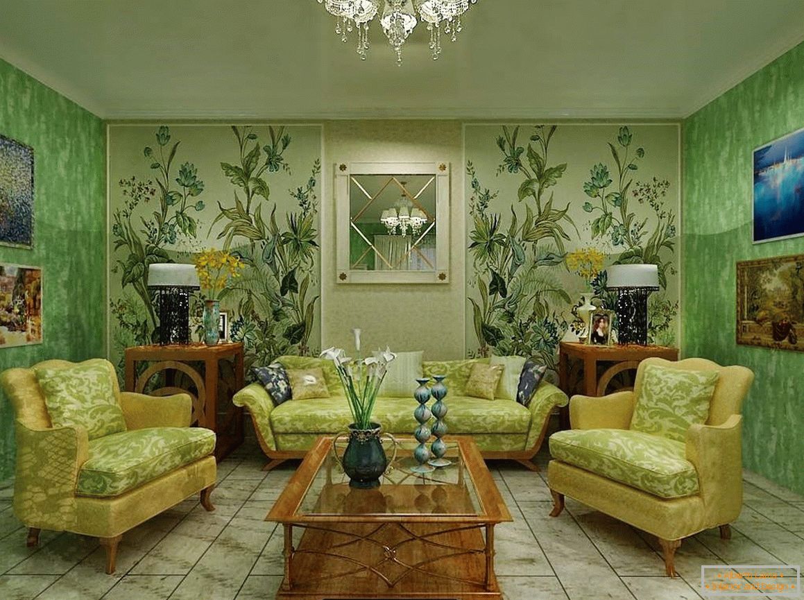 Képek a belső térben zöld tapéta