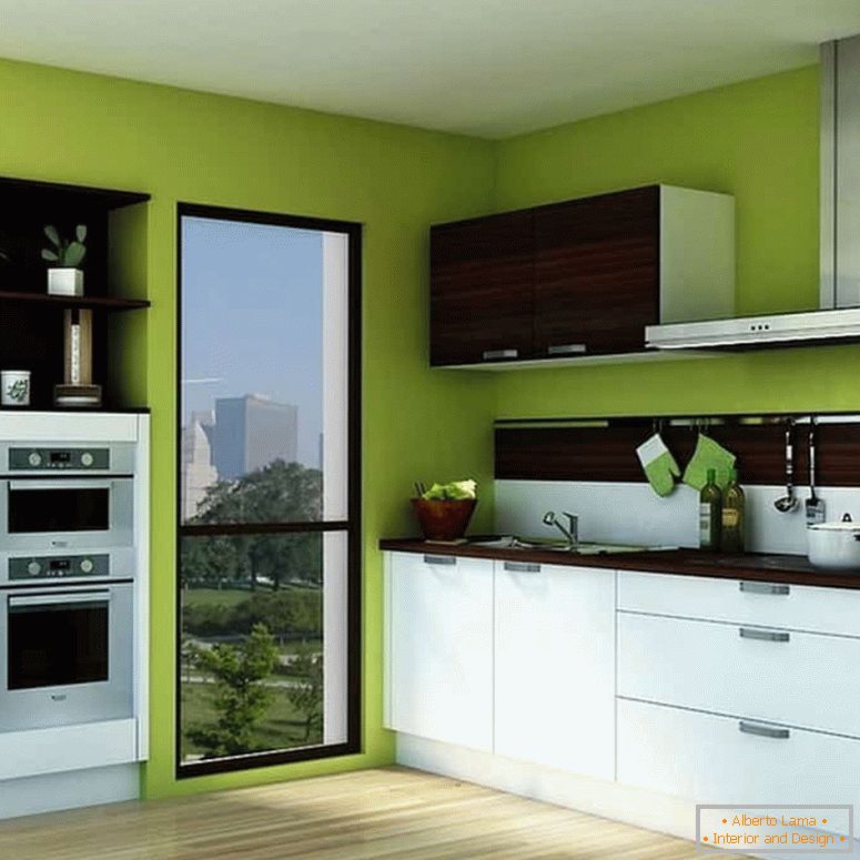 Világos zöld színű falak és fehér konyha