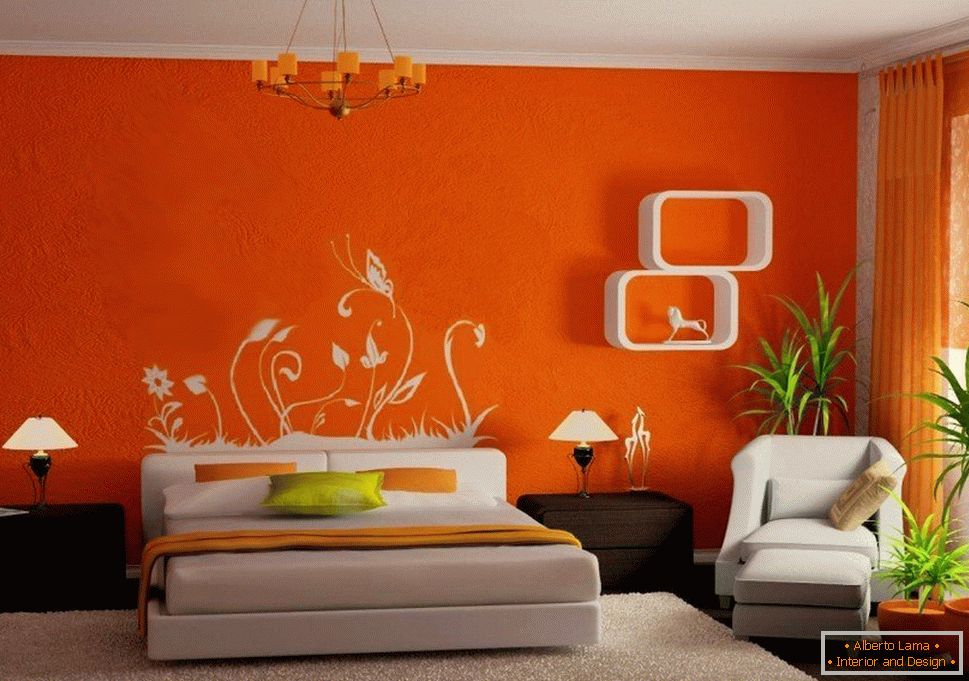A narancssárga falak és a fehér bútorok kombinációja