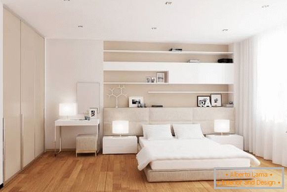 Modern, fehér padlós hálószoba kialakítása