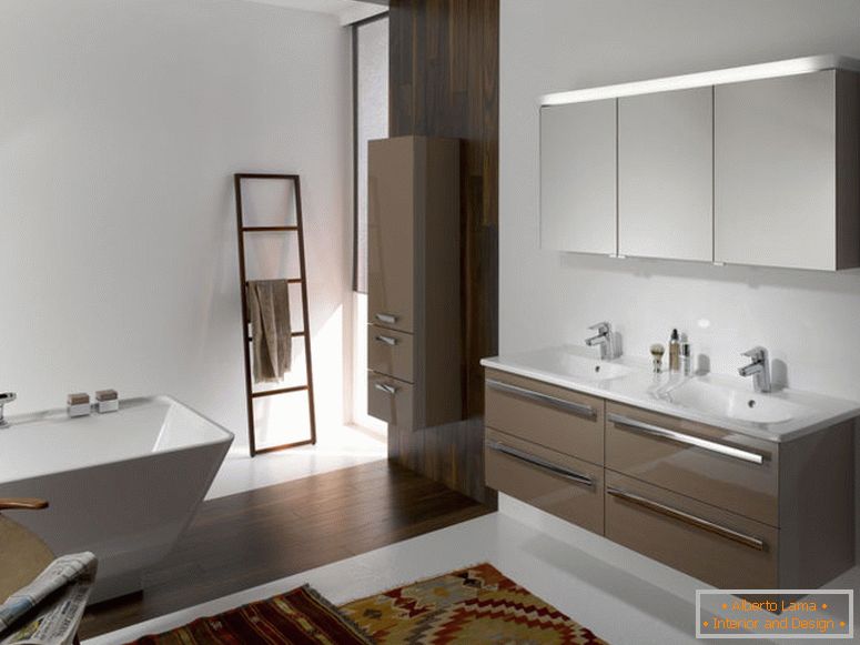 csábító-modern fürdőszoba-design-ötleteket-kiegészítők-belső-with-barna-úszó-hiúság szekrény-mentén-kettő-fehér-mosdó-is-króm-csaptelep plusz fali-téglalap-tükör-Alsó- fehér szabadon álló-b