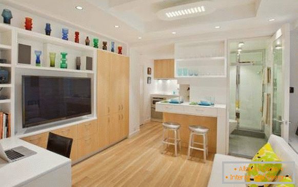 Nappali, konyha és fürdőszoba az apartman kialakításában 40 nm-es fotó