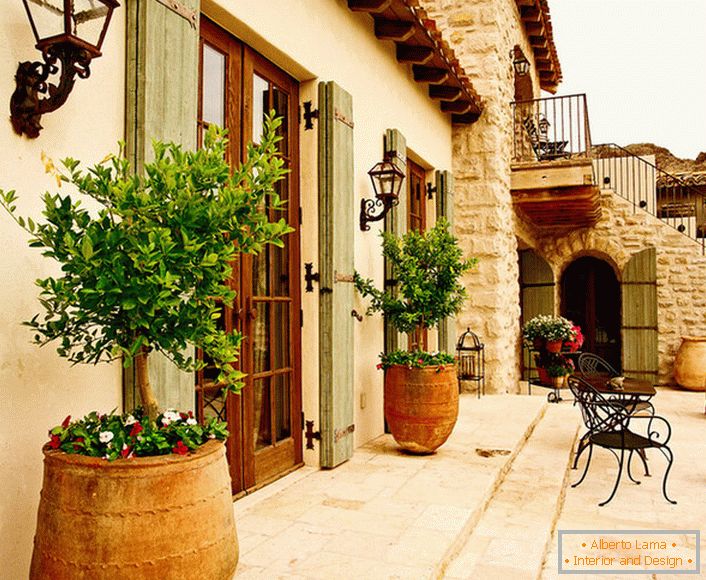 A terasz в средиземноморском стиле украшают горшки с живыми растениями. Привлекательный дизайн, мебель с витиеватыми спинками, керамические горшки создают уютную, расслабляющую атмосферу. 