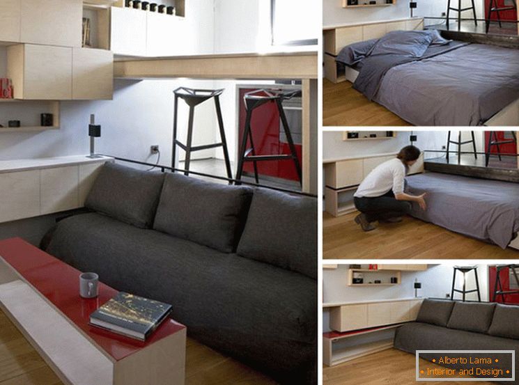 Egy kinyitható ágy egy kis hálószobában