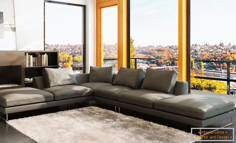 eleganciát-szép-szürke kanapé-design-in-modern-style-nappali-as-is-wide-üveg-ablak-plus-erkély-in-the-közeli-is-fehér-fur-szőnyeg-on- sötét fából készült padló-is-fa-Könyvespolc