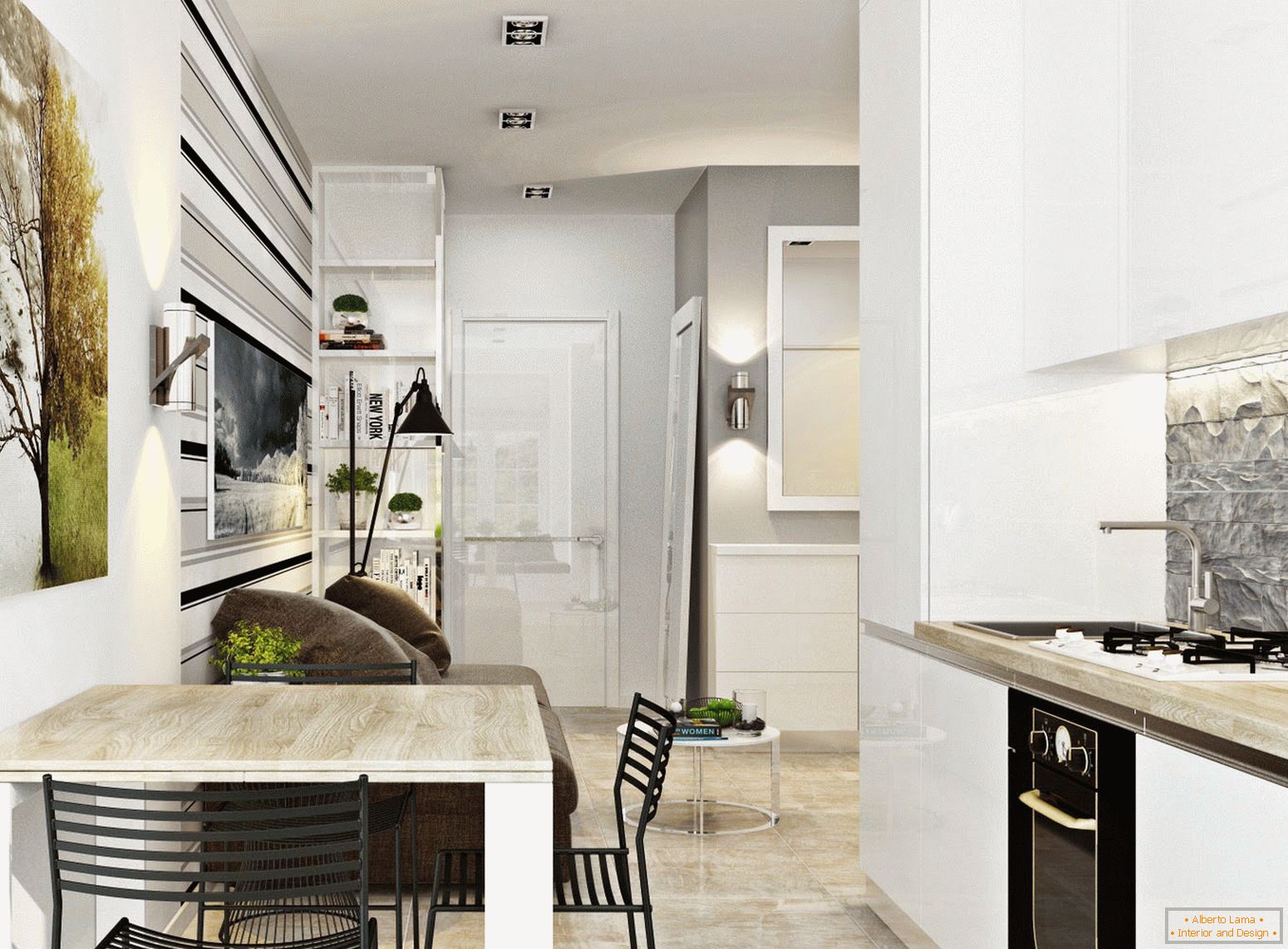 A konyha és az étkező belseje a fehér minimalizmus stílusában