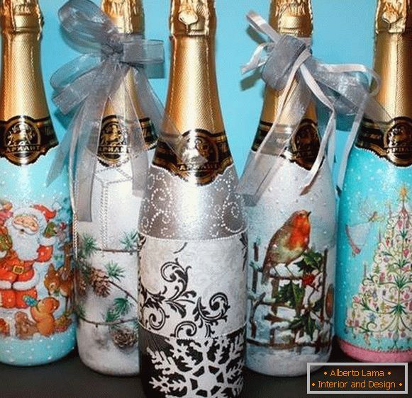 Decoupage és dekoráció egy üveg pezsgő az új évet