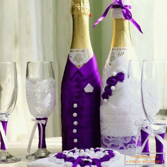Üvegpalack pezsgő díszítése - a menyasszony és a vőlegény