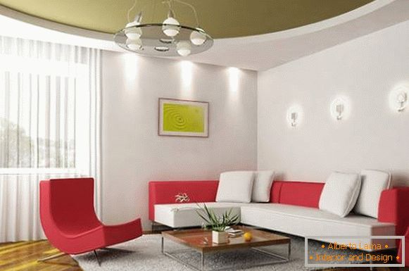 Zöld feszített mennyezet a nappali kialakításában modern stílusban