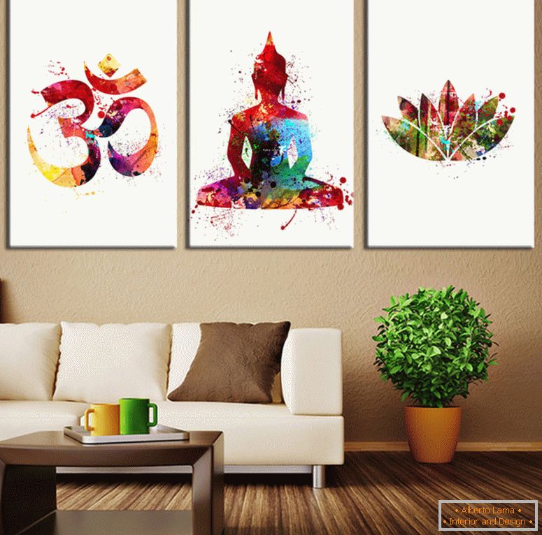 színes-modern-buddhista-fal-art-fehér-background-fa-vászon-belső-nappali-design-kanapé-szimbólum
